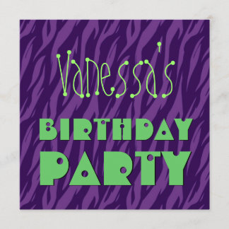 Invitación Nombre personalizado Cebra verde morada de cumplea