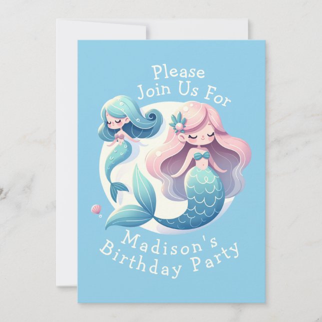 Invitación Nombre Personalizado Cute Tema De La Sirena Aniver (Anverso)