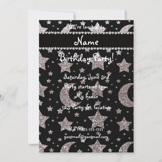 Invitación Nombre personalizado estrellas y lunas purpurinas  (Anverso)