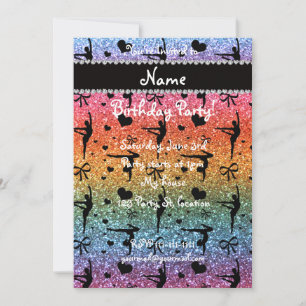 Invitación Nombre personalizado gimnasia purpurina arcoiris
