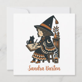 Invitación Nombre personalizado o texto con bruja estudiando