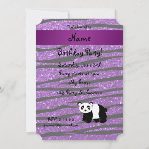 Invitación Nombre personalizado panda purpurina púrpura cebra