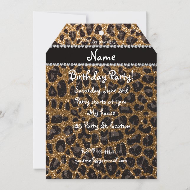 Invitación Nombre personalizado purpurina leopardo impresión (Anverso)