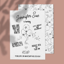 Invitación Nombre retro Doodle Balón moderno Cumpleaños