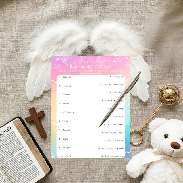 Invitación Nombres Bíblicos de Bebé Arcoíris Celestial Match- (Heavenly Rainbow Biblical Baby Names Match-Up)