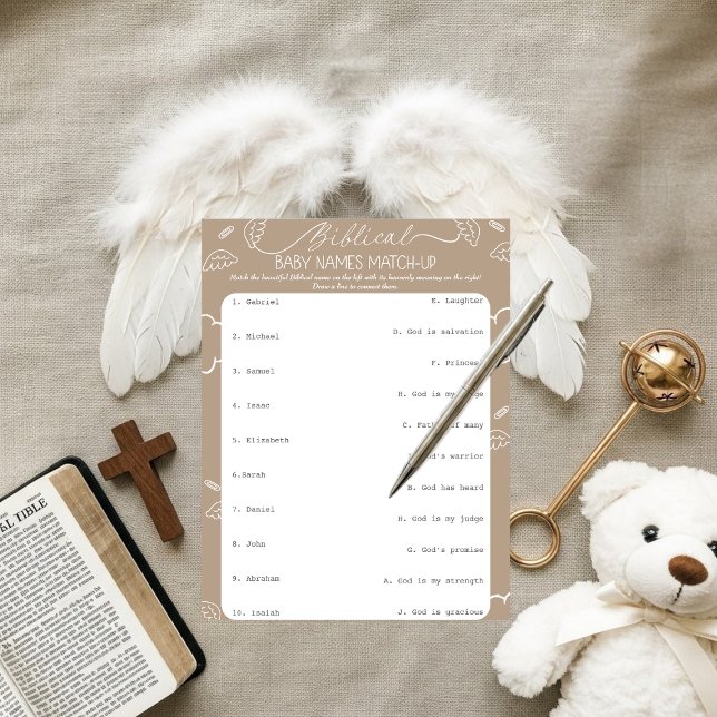 Invitación Nombres Bíblicos de Bebé Beige Celestial Coinciden (Heavenly Beige Biblical Baby Names Match-Up)