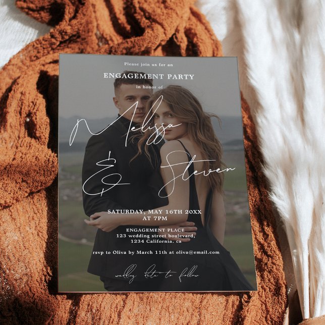 Invitación Nombres caligrafía caligrafía foto compromiso blan (Names script calligraphy white engagement photo invitation)