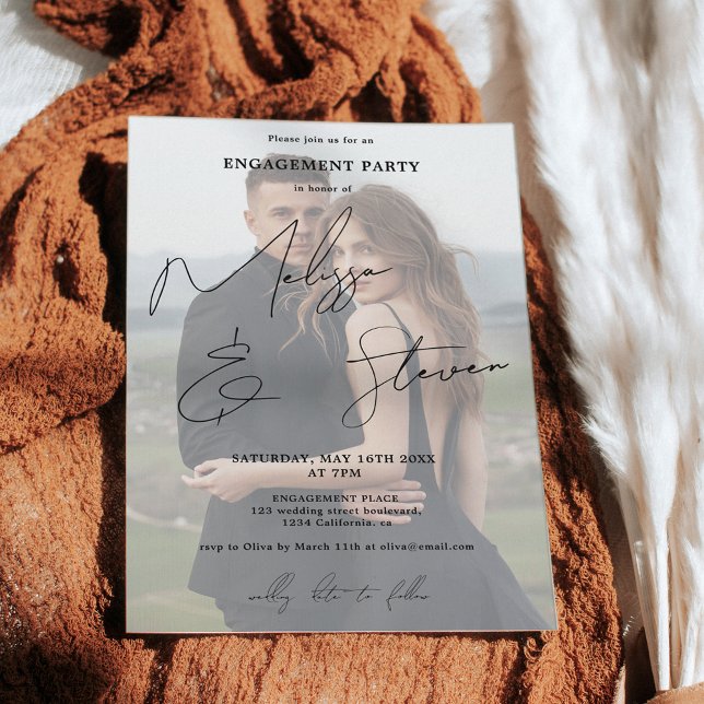Invitación Nombres caligrafía caligrafía foto compromiso negr (Names script calligraphy black engagement photo invitation)