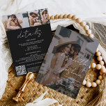 Invitación Nombres caligrafía negro 4 foto todo en un boda<br><div class="desc">Una moderna, moda y elegante invitación a la boda con nombres de escritura con caligrafía escrita a mano en blanco y negro con un overlay negro al frente para añadir tu foto y otras 3 fotos al fondo. Un todo moderno en una sola invitación de boda con rsvp, detalles, alojamiento...</div>