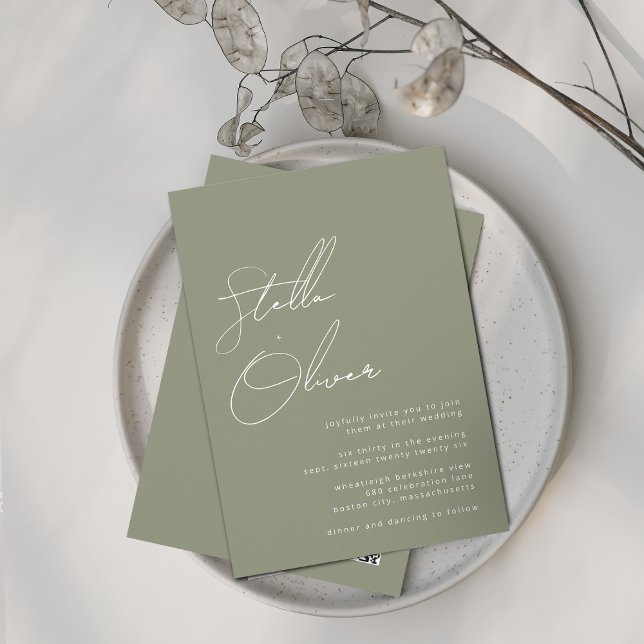 Invitación Nombres de caligrafía moderna de Sage Código QR Bo (Modern Sage Calligraphy Names QR Code Wedding Invitation)
