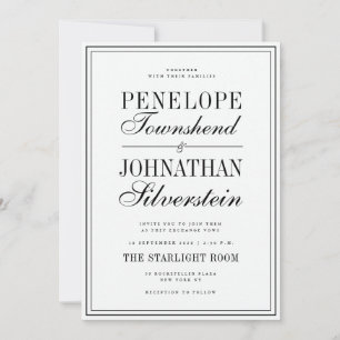 Invitación Nombres de escritura serif negro y blanco de diner