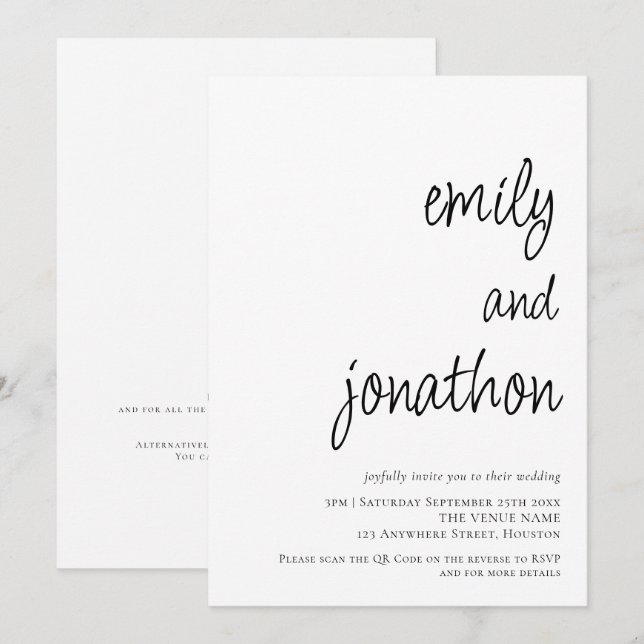 Invitación Nombres de guión modernos Código QR Boda (Anverso / Reverso)