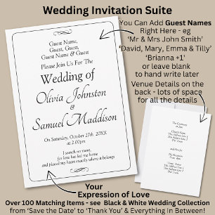 Invitación Nombres de invitados, negro y blanco con desplazam