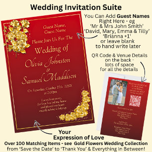 Invitación Nombres de invitados, rosas de oro, boda de rojo g