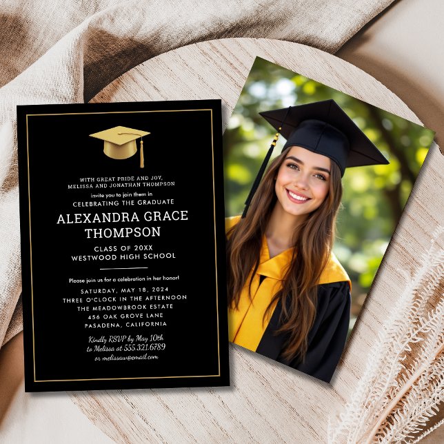 Invitación Nombres de padres Foto Graduación de oro negro (Subido por el creador)