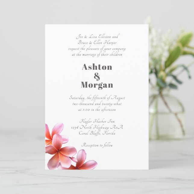 Invitación Nombres de padres Frangipani rosa boda (Anverso de pie)