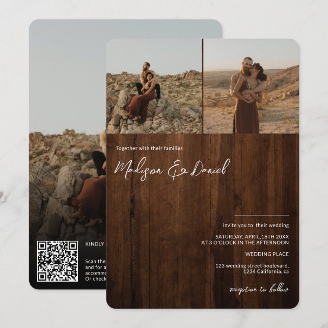 Invitación Nombres de script de madera rústica 3 fotos boda d (Anverso / Reverso)