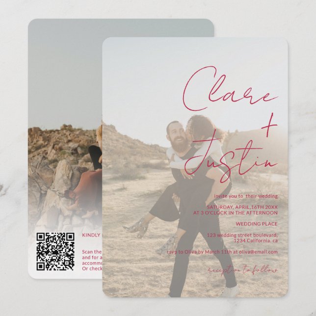 Invitación Nombres de script de magenta fotos boda de código  (Anverso / Reverso)