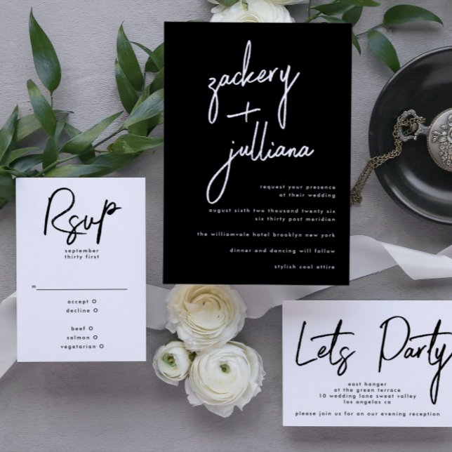 Invitación NOMBRES elegantes | Moderno Boda blanco y negro (Invitation showcasing suite - additional items (bought separately))