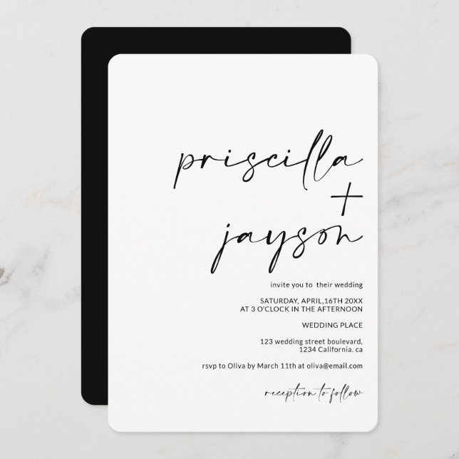 Invitación Nombres minimalistas modernos caligrafía boda negr (Anverso / Reverso)
