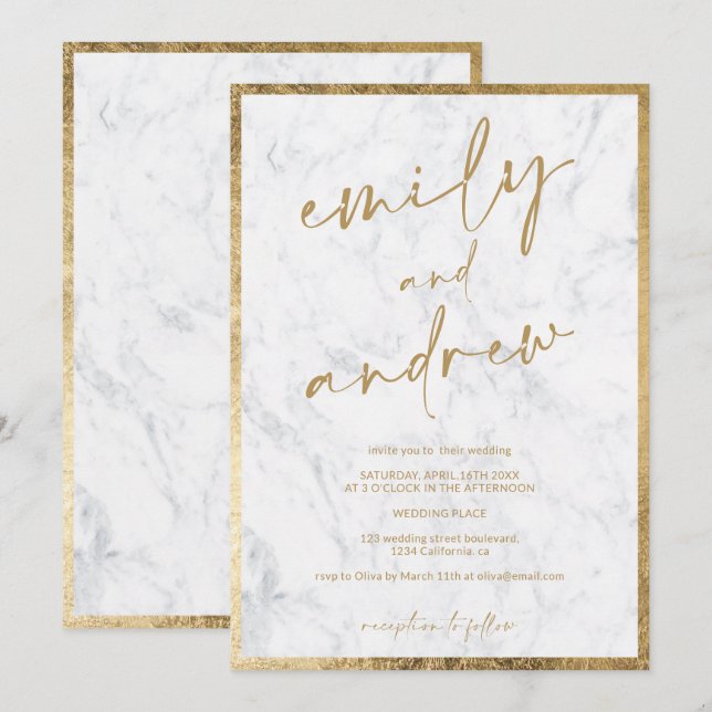Invitación Nombres modernos caligrafía moda de mármol dorado  (Anverso / Reverso)