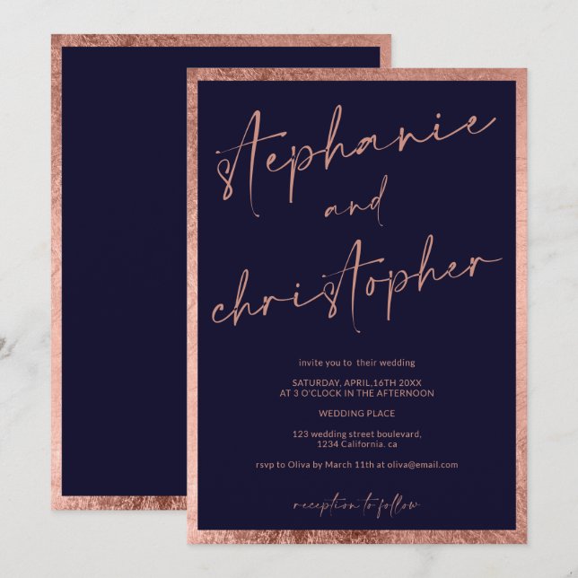 Invitación Nombres modernos caligrafía rosa boda azul dorado (Anverso / Reverso)