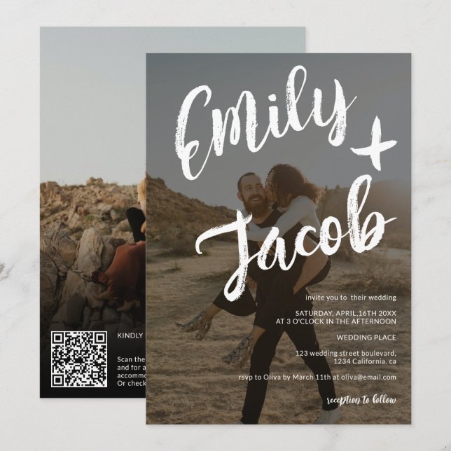 Invitación Nombres modernos de pincel 2 fotos boda de código  (Anverso / Reverso)