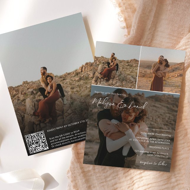 Invitación Nombres modernos de script 4 fotos qr boda de códi (Subido por el creador)