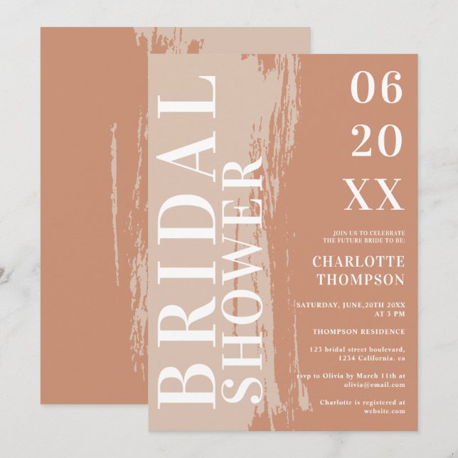 Invitación Nombres modernos en negrita ducha de novia terraco (Anverso / Reverso)