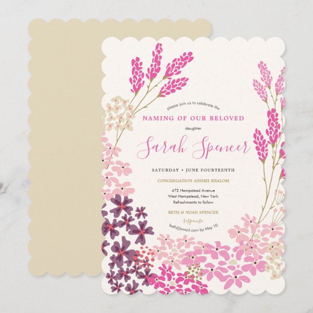 Invitación Nomenclatura de bebés Pink Meadow/Simchat Bat (Anverso / Reverso)