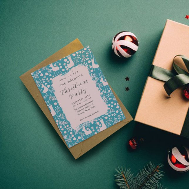 Invitación Nordic Reindeer Floral | Blush on Teal Christmas  (Subido por el creador)