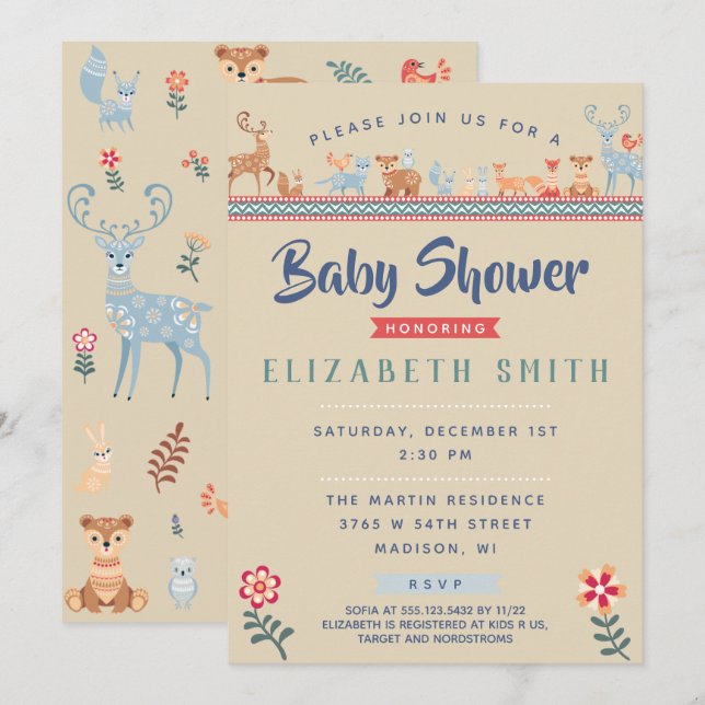 Invitación Nórdicos Woodland Animals Baby Shower (Anverso / Reverso)