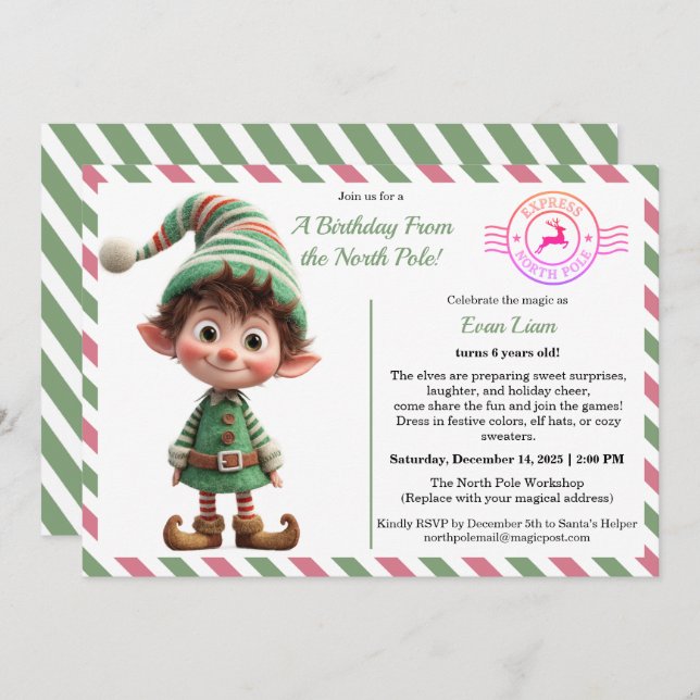 Invitación North Pole Birthday Magic | Enchanted Elf (Anverso / Reverso)