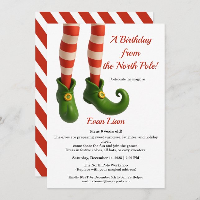 Invitación North Pole Birthday Magic | Enchanted Elf (Anverso / Reverso)