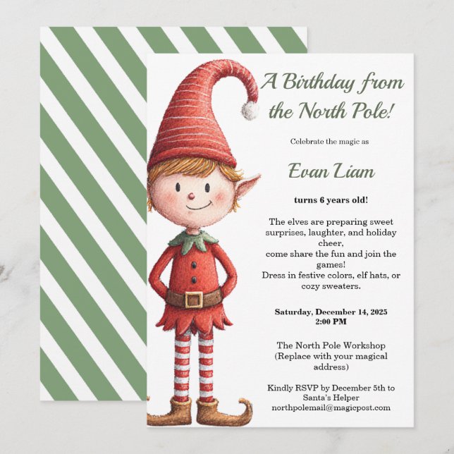Invitación North Pole Birthday Magic | Enchanted Elf (Anverso / Reverso)