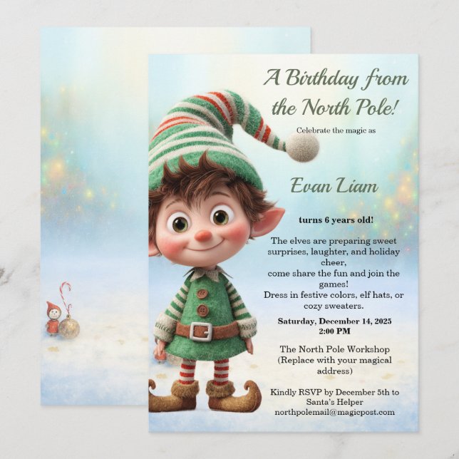Invitación North Pole Birthday Magic | Enchanted Elf (Anverso / Reverso)