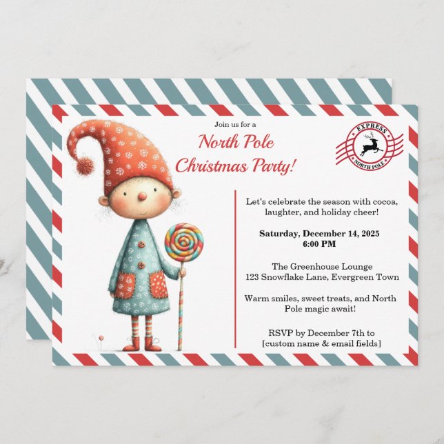 Invitación North Pole party Magic | Enchanted Elf (Anverso / Reverso)