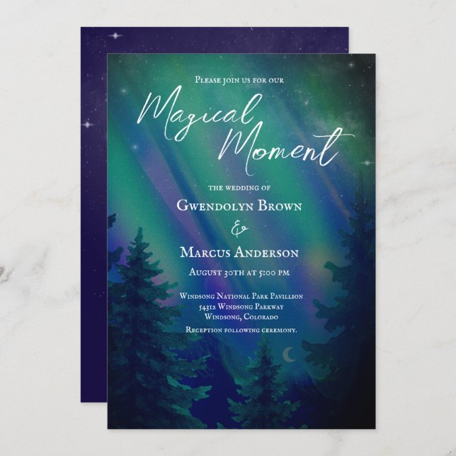 Invitación Northern Lights Forest  QR Code Wedding (Anverso / Reverso)
