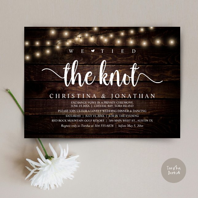 Invitación Nos Amarramos A La Cena Rústica Boda Elopement (We Tied The Knot, Rustic Wedding Dinner Elopement Invitation card, pdf, in cottage dark wood)