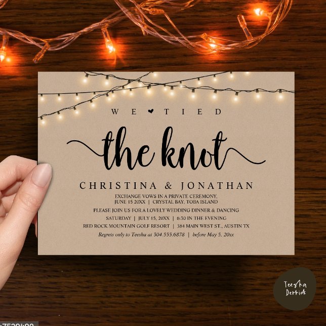 Invitación Nos Amarramos A La Cena Rústica Boda Elopement (We Tied The Knot, Rustic Wedding Dinner Elopement Invitation Card, PDF, String Lights Brown Kraft)