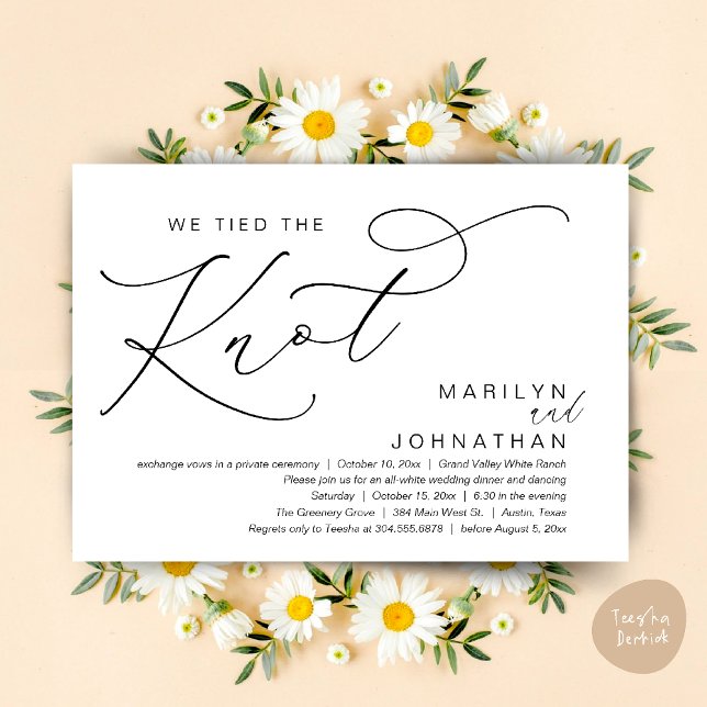 Invitación Nos Amarramos Al Knot, Boda Elopement Fiesta De Ce (We tied the knot, Wedding Elopement Dinner Romantic Modern Party Invitation Card PDF White Black)