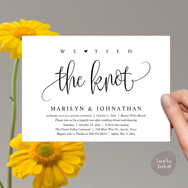 Invitación Nos Amarramos Al Knot, Boda Elopement Fiesta De Ce (We Tied The Knot, Modern Wedding Elopement Dinner Party Invitation Card PDF Classy Black White)