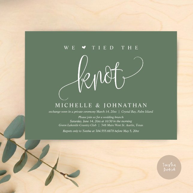 Invitación Nos Amarramos Al Knot, Boda Fiesta De Elopement In (We tied the knot, modern wedding elopement dinner party invitation card, PDF, in sage green)