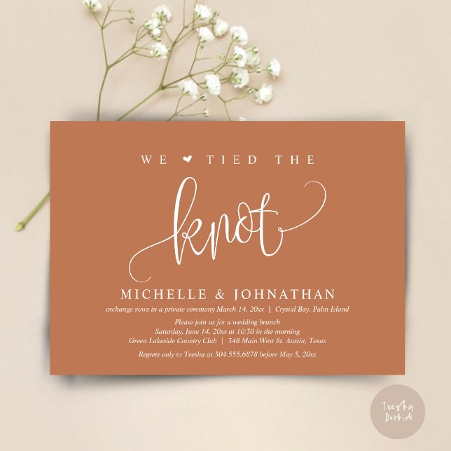 Invitación Nos Amarramos Al Knot, Boda Fiesta De Elopement In (We tied the knot, modern wedding elopement dinner party invitation card, PDF, in Copper)