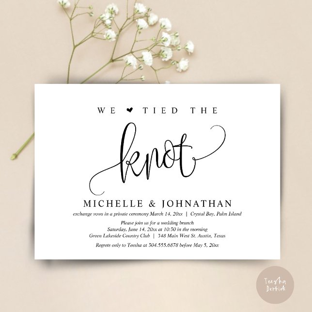 Invitación Nos Amarramos Al Knot, Boda Fiesta De Elopement In (We tied the knot, modern wedding elopement dinner party invitation card, PDF, in Black and White)