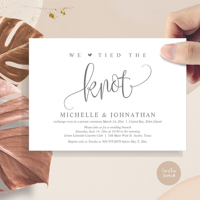 Invitación Nos Amarramos Al Knot, Boda Fiesta De Elopement In (We tied the knot, modern wedding elopement dinner party invitation card, PDF, in Dark Grey)