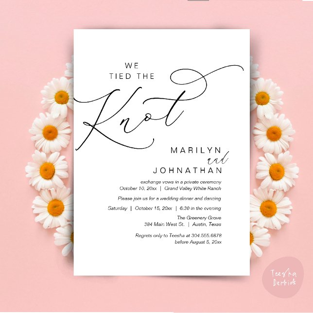 Invitación Nos atamos el nudo, Boda Elopement Dinner Fiesta (We tied the knot, Wedding Elopement Dinner Romantic Modern Party Invitation Card PDF White Black)