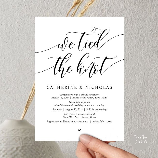 Invitación Nos atamos el nudo, Boda Elopement Dinner Fiesta (We tied the knot, Modern Wedding Elopement Dinner Party Wine Invitation Card PDF White Black)