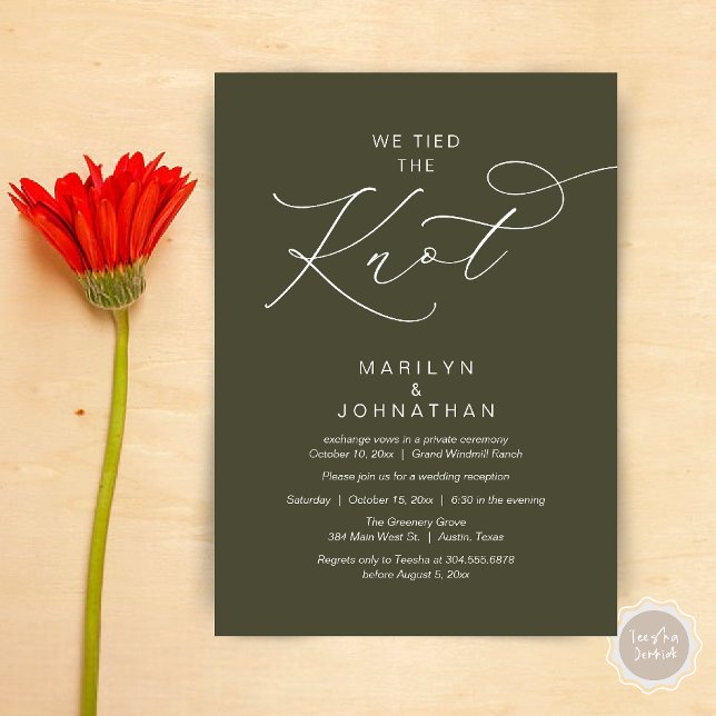 Invitación Nos casamos, Cena de Recepción de Boda Fugaz (We tied the knot, Romantic Wedding Elopement Reception Dinner Invitation Card in Olive Green)