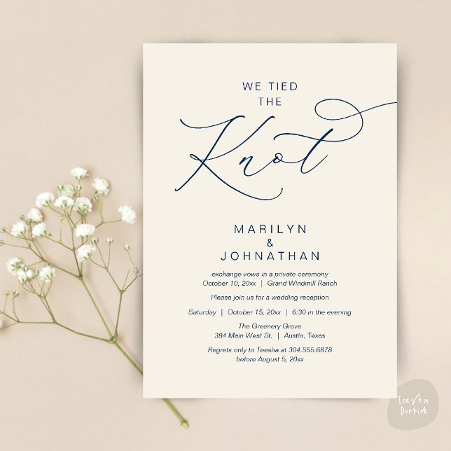Invitación Nos casamos, Cena de Recepción de Boda Fugaz (We tied the knot, Romantic Wedding Elopement Reception Dinner Invitation Card in Navy Blue Ivory)